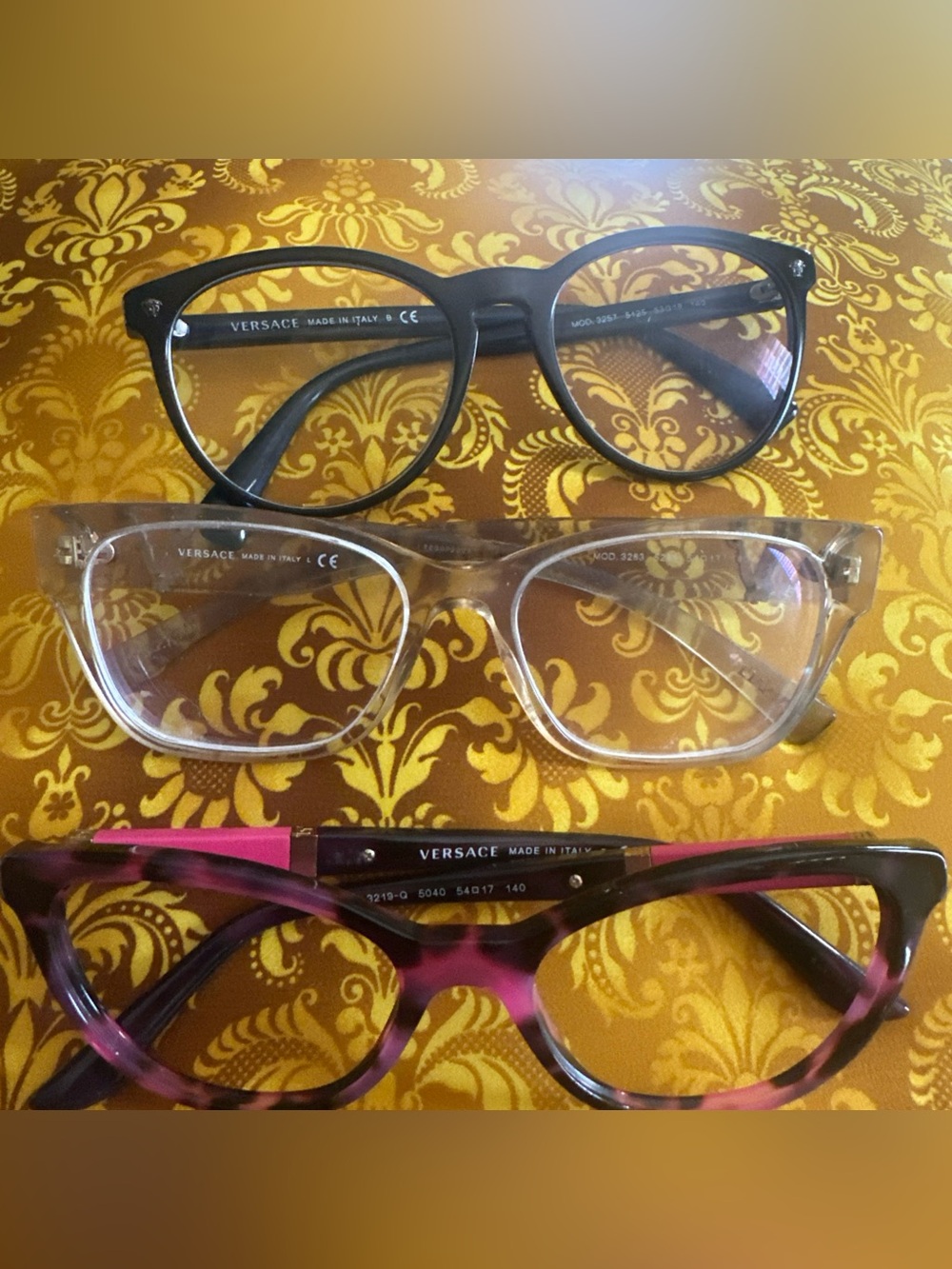 Versace Three-Pair Eyewear Lot in Black, Clear & Purple-Pink